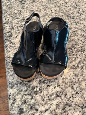 Corky’s Black Patent Slingback Cork Wedge Sandals